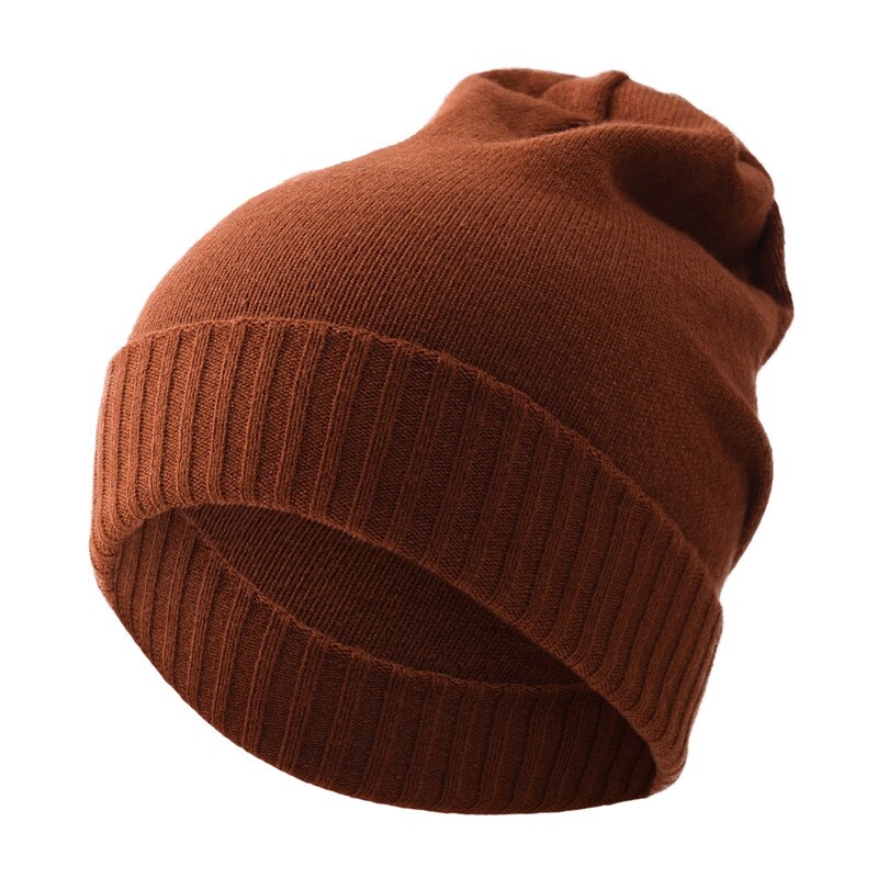 Zachte warme kasjmier muts met omslag, effen gebreide muts met omslag, unisex stijl, stretch schedel skimuts: Koffie