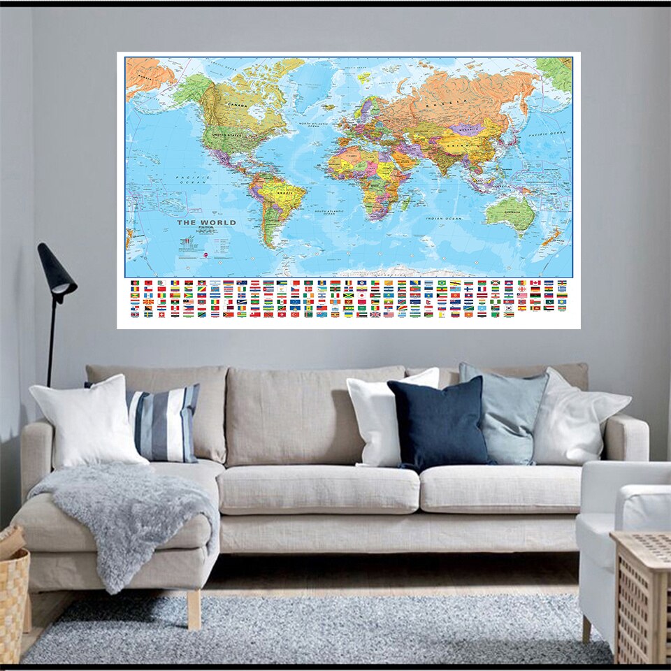 150x100cm The World Political Map with National Flags Foldable Canvas Painting Wall Poster Classroom Home Decor School Supplies