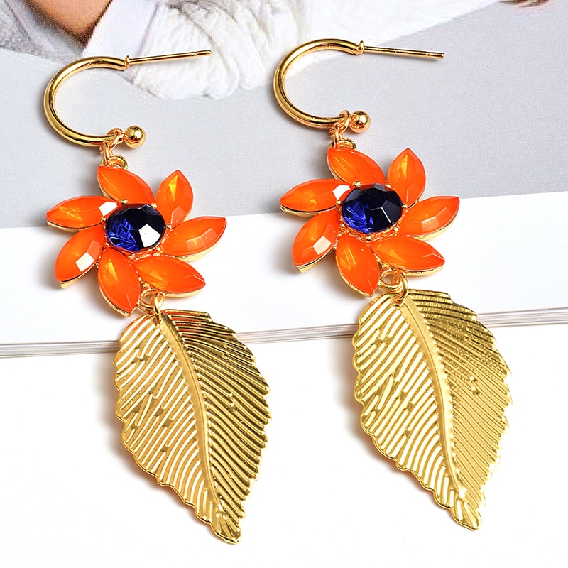 Metalen Blad Oorbel Hoge Kristallen Bloem Lange Earring Sieraden Accessoires Voor Vrouwen