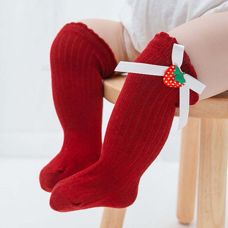 Calcetines largos hasta la rodilla con lazos para bebé, de algodón, Color liso, para primavera y otoño