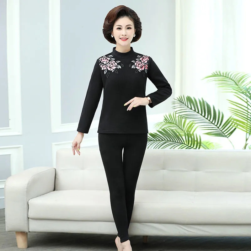 Mama&#39;s De Velvet termiczna odzież garnitur zima w średnim wieku starszych kobiet Plus aksamitna gruba bielizna termiczna dwuczęściowy zestaw M429: black / 4XL