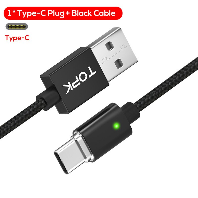 Topk f-line magnetisk mikro usb kabel & usb typ c kabel data sync nylon flätad led indikator magnet laddar kabel usb c: Svart typ-c-kabel / 2m