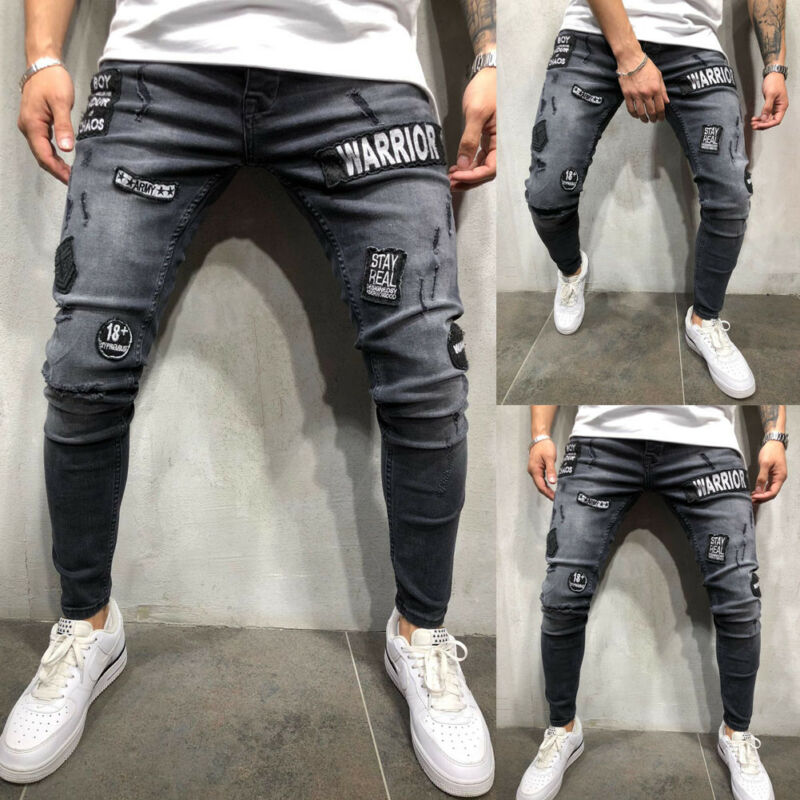Calça jeans rasgada masculina, calça comprida skinny com rasgos destruídos para homens, casual slim fit S-3XL