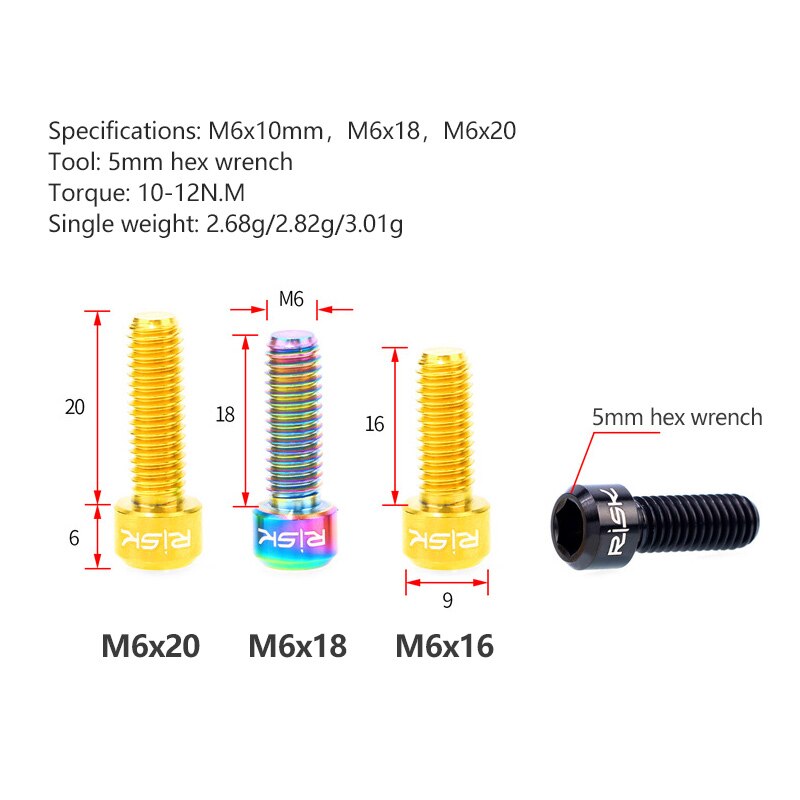 RISK 4pcs M6x16/18/20mm 4 Colors Titanium Alloy Bicycle Disc Brake Clamp Bolt Suit For SLX XT MTB Bike Device Fixed Screw Bolts