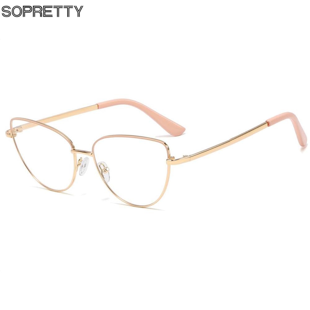 SOPRETTY de tendencia Retro Metal ojos de gato Marco de gafas de espejo plano, marcos de vidrio recetados para miopía, caso de hipermetropía F0225