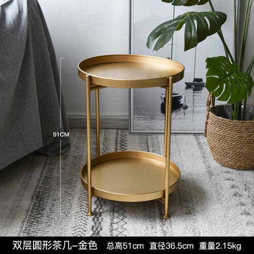 Modern Foldable Metal Coffee Table Round Table Living Room Side Table Detachable Tray Multi-use Home Furniture Storage Rack: 2 layers golden