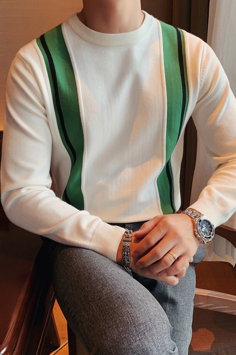 Brittisk stil höst vinter tröja herr långärmade tröjor herr stickade tröjor patchwork färg o-neck pull homme