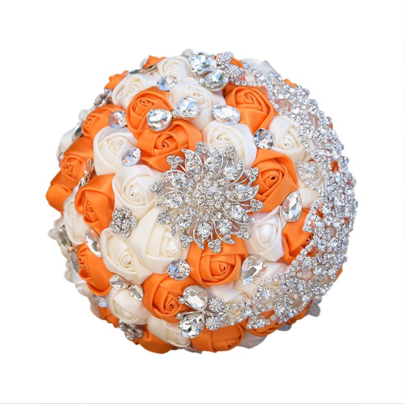 JaneVini Luxe Handgemaakte Satin Rose Bruidsboeketten Diamant Kristal Bruid Holding Bruiloft Bloemen Ramo Novia Flor Kunstmatige: Oranje