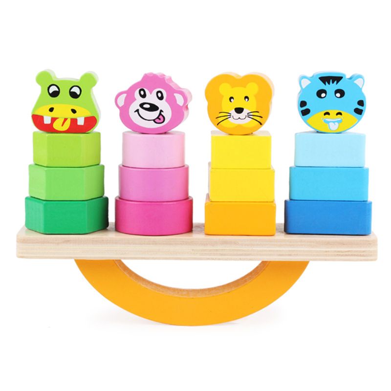 Wooden Animal Cartoon Balance Beam Game Toy Stacking Geometric Block Tower Kids Educational Puzzle Toys