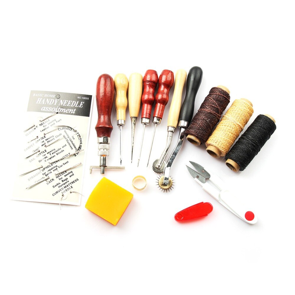 14Pcs Leather Craft Set Hand Stitching Sewing Tools DIY Waxed Rope Needle Thimble Thread Awl Handwork Kits T0.2