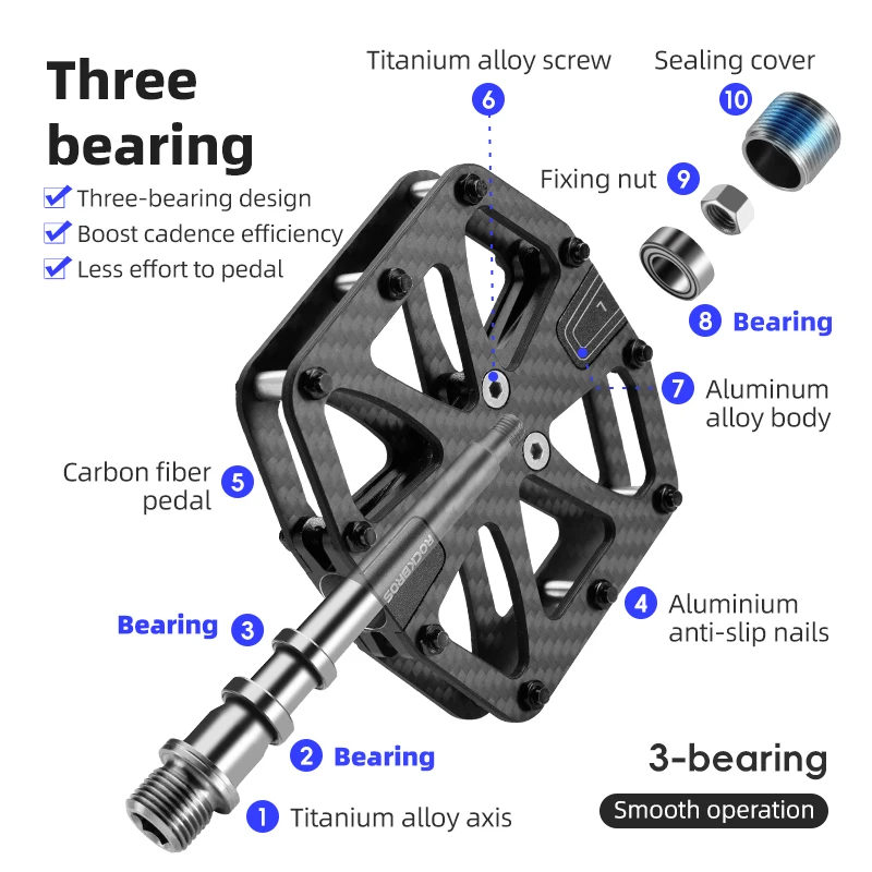 ROCKBROS Koolstofvezel Pedalen Ultralichte 3-Lager Pedalen Arbeidsbesparende Waterdichte MTB Fietspedalen Antislip Fietspedaal