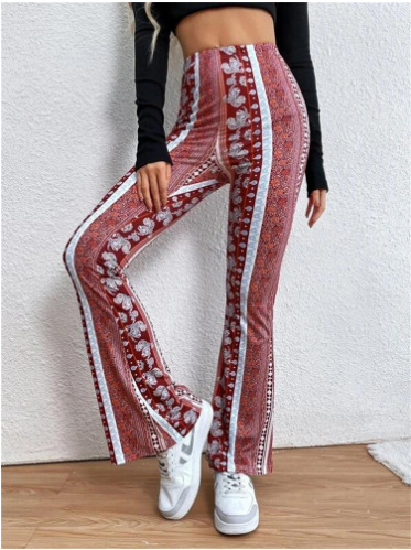 Fashionable high elasticity tight fitting micro flared printed casual pants: XXXL / Red