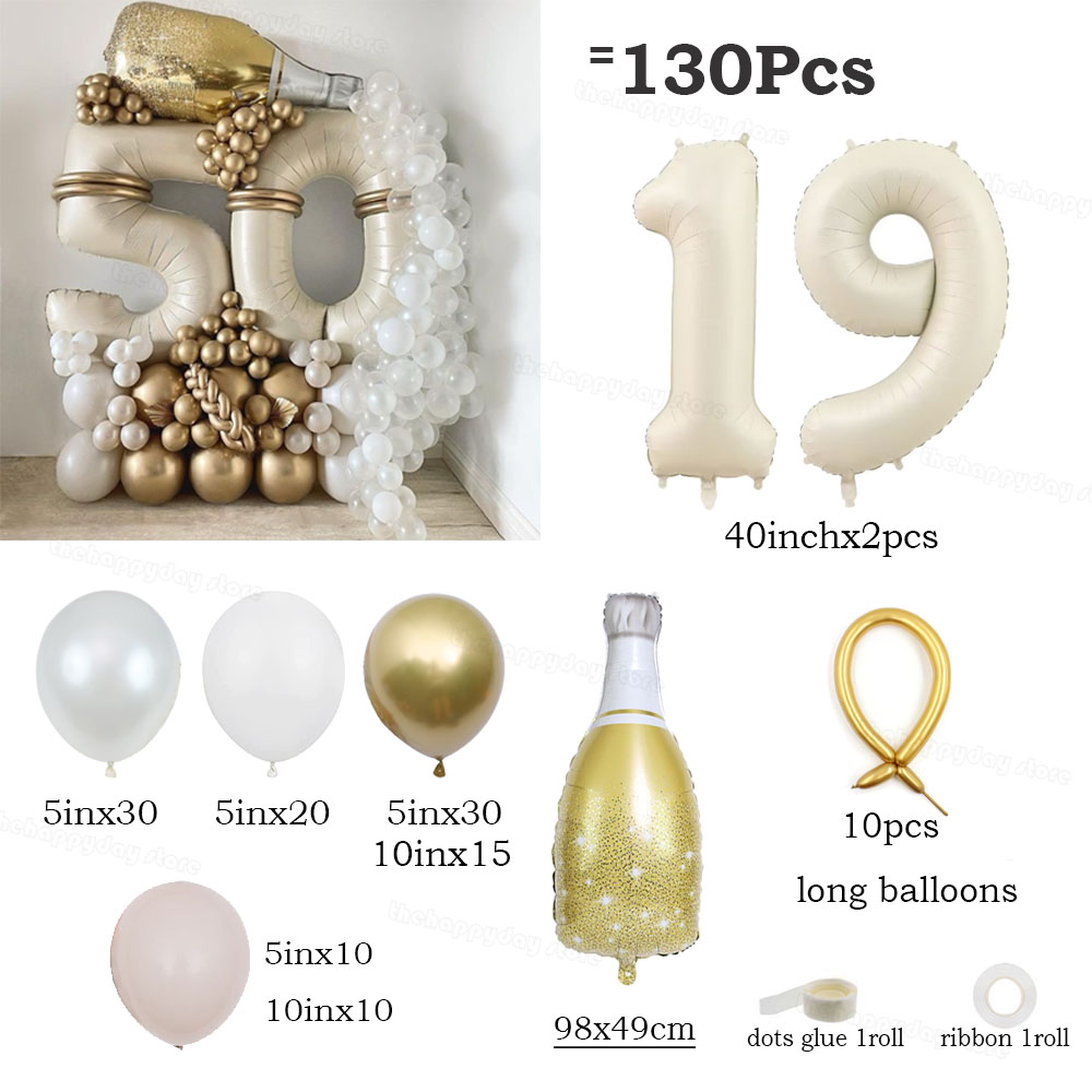 130 Uds. Juego de globos con números de oro blanco y arena crema, globos de aluminio con números de 40 pulgadas para decoraciones de de feliz 20 30 40 50 cumpleaños: RUBY