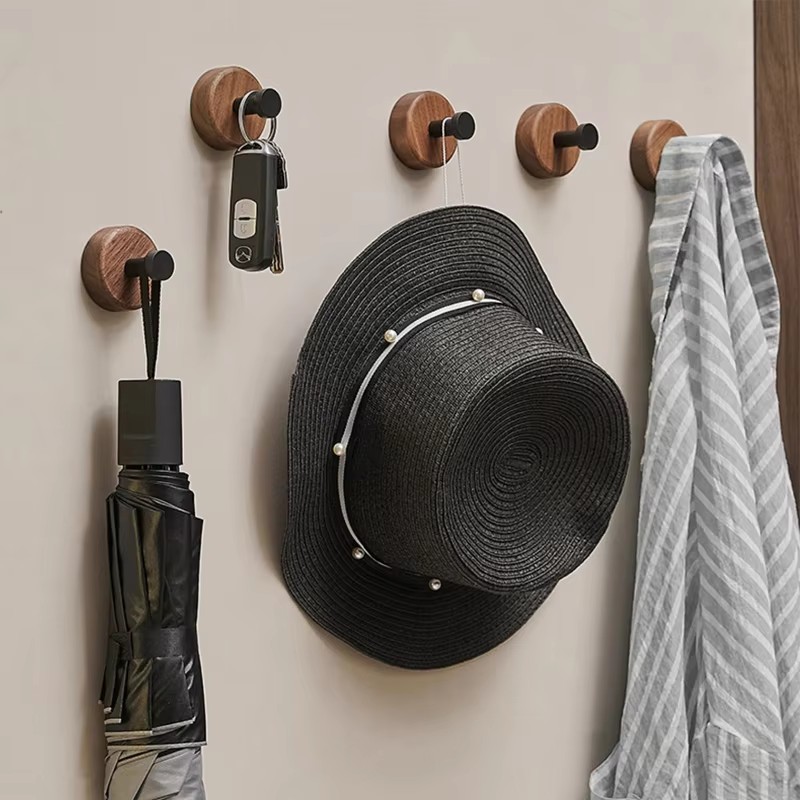 Ganchos autoadhesivos de madera maciza, colgador colgante de nogal, gancho de pared para baño, estante de almacenamiento de abrigos para dormitorio, gancho decorativo para llaves y toallas para el hogar