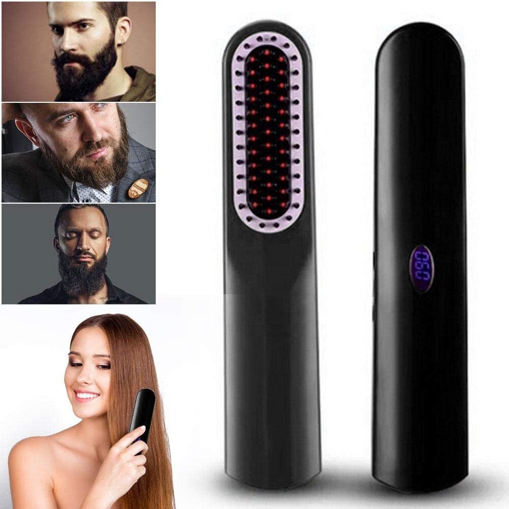 Skjegg rettetang for menn styler kam multifunksjonell trådløs usb hår rettebørste trådløs hår rettetang skjeggbørste