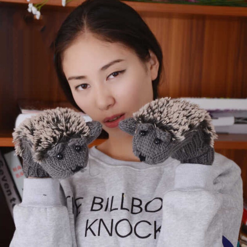 Słodki kreskówka zwierząt jeż jesień grube ciepłe zimowe rękawiczki studenci panie dziewczyny Kawaii pełna palec dzianiny na rękawiczki damskie