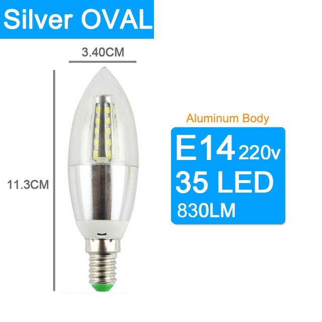 Led bulb E14 Aluminum 3W 6W 9W 12W Led Lamp AC 220V LED Candle Bulb Cool Warm White Lampada Bombillas Lumiere Lampara led light: Silver Oval 35LED / Warm White