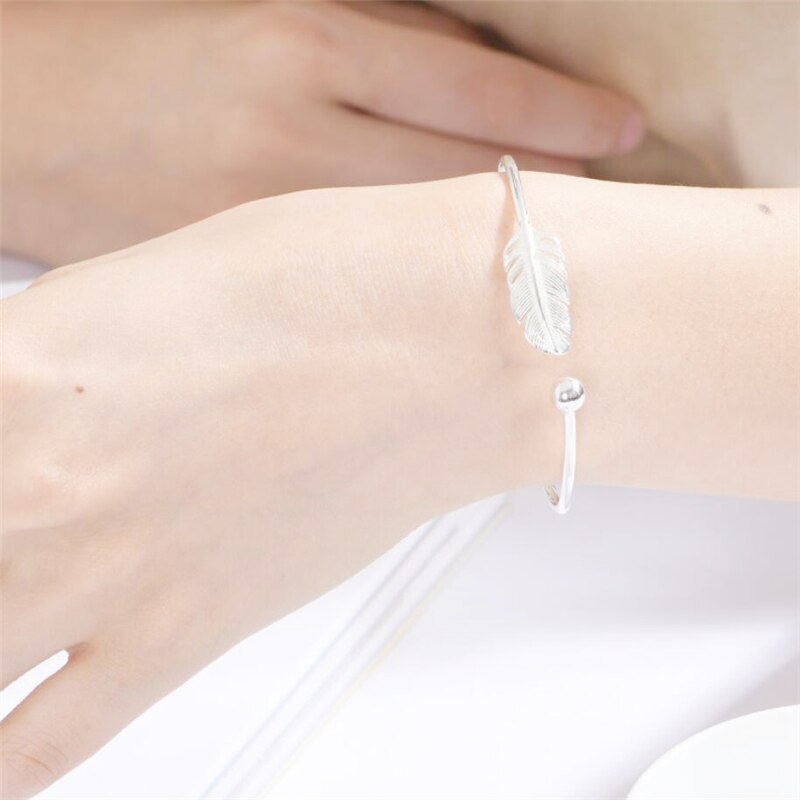 Sweet Feather Leaf 925 Sterling Silver Temperament Personality Female Trendy Resizable Opening Bangles SBR004