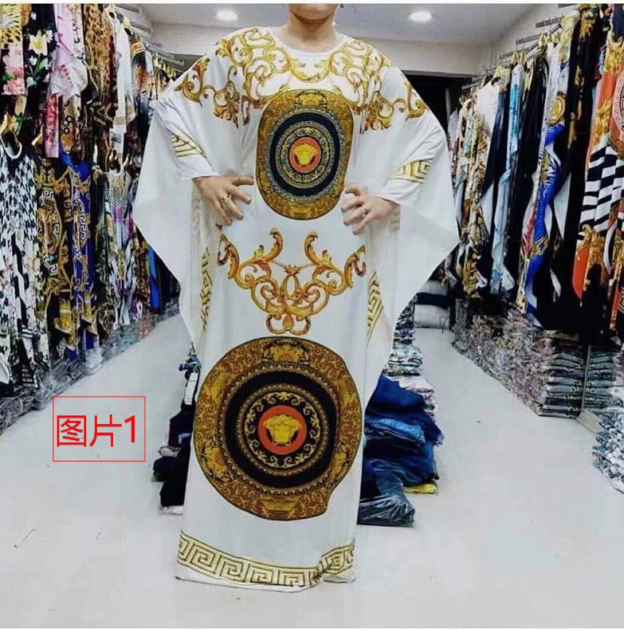 African Print Abaya Silk Satin Dress Bat Sleeve Wo... – Grandado