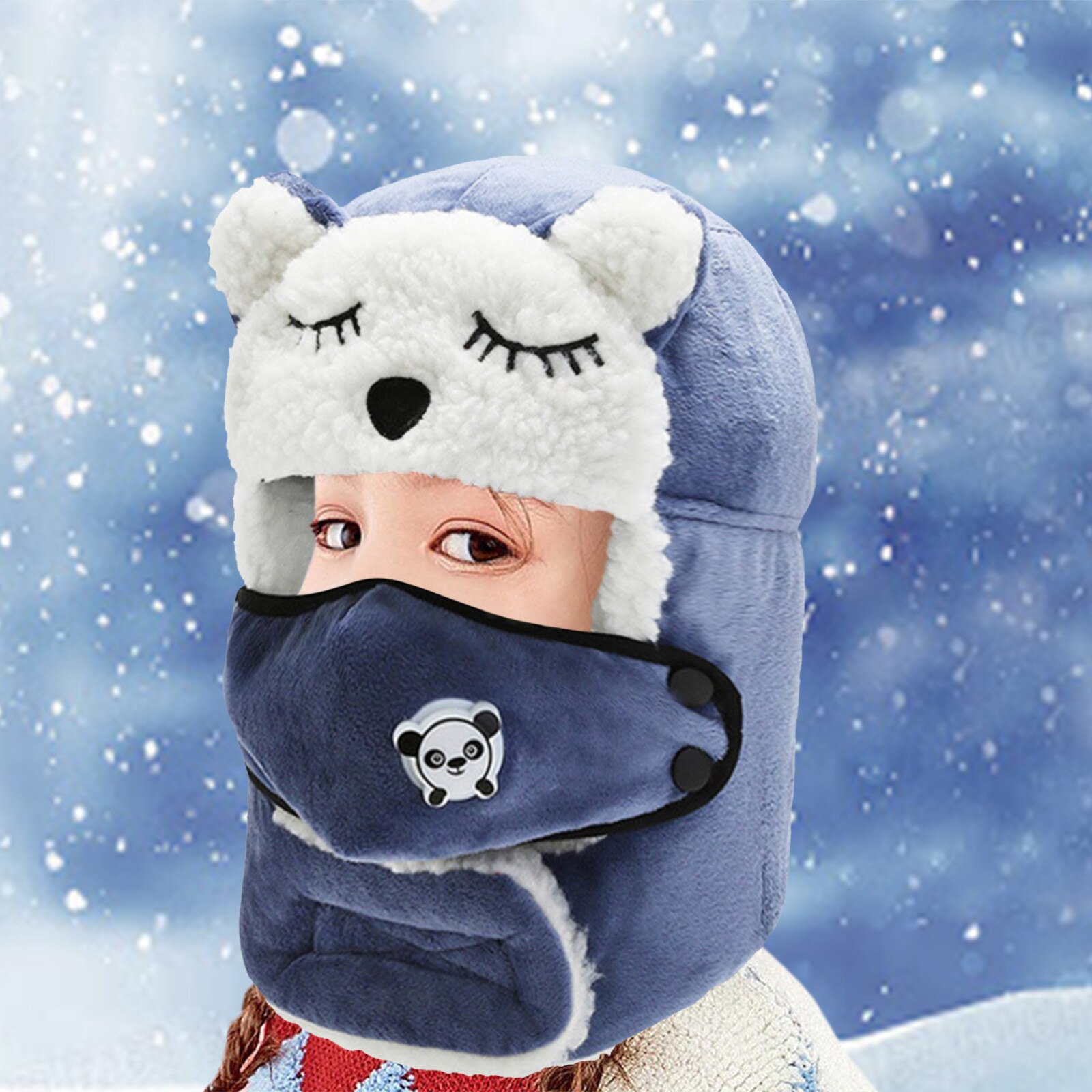 Dzieci śmieszne ochrona zwierząt ucho Ushanka kapelusz stałe pluszowe futro ciepłe czapki zimowe dziecko maska wiatroszczelna czapka zimowa miękka czapka narciarska: niebieski