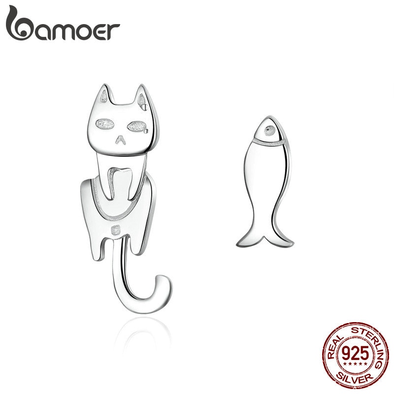 BAMOER Echtem 925 Sterling Silber Fisch Und Katze Einfache Linie Zucht Ohrringe für Frauen Authentische Silber Schmuck SCE488