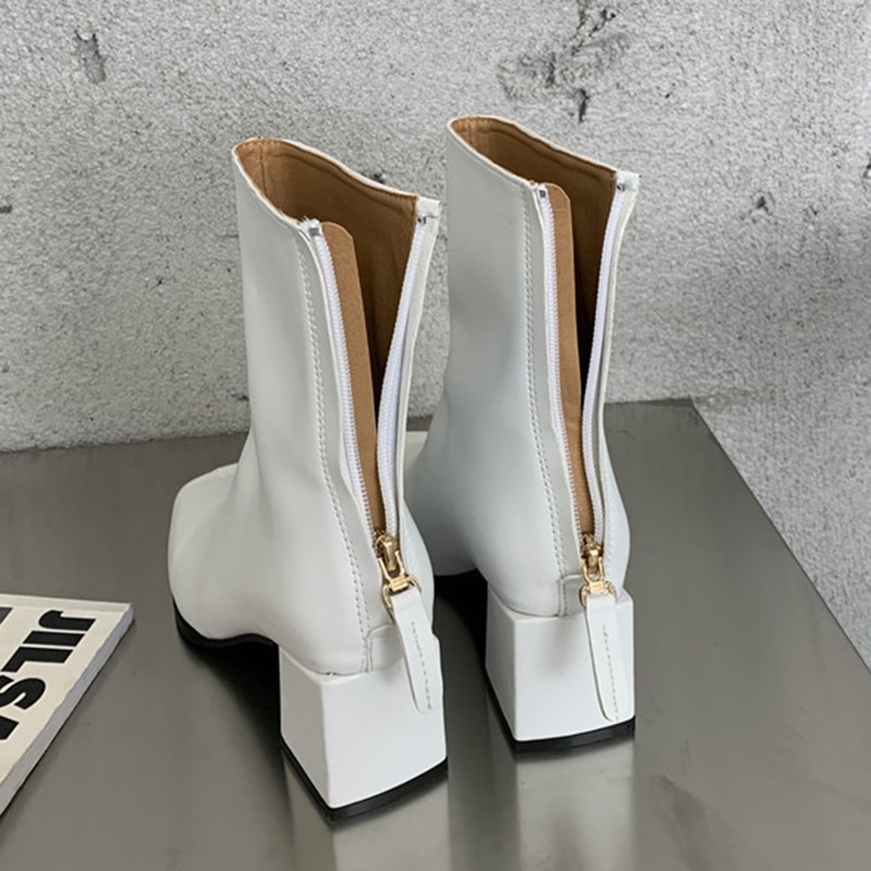 Winter Ins Elegante Vrouwen Wit Blok Hoge Hakken Enkellaarsjes Lady Vierkante Neus Korte Laarzen Chelsea Laarzen Party schoenen