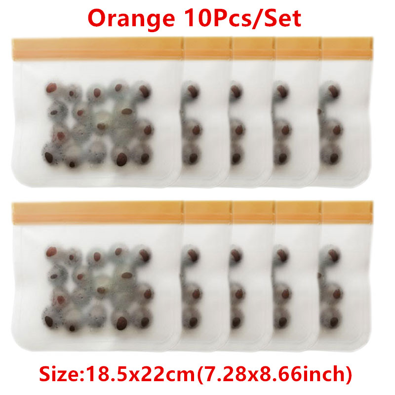 Juego de Bolsas de Silicona para Alimentos, Conjunto de Empaques con Sello, Ideal para Almacenamiento y Conservación Fresca de Frutas y Verduras, Reutilizable, A Prueba de Fugas, Estilo Bolsa Ziploc, 14 Piezas: 10pcs Orange