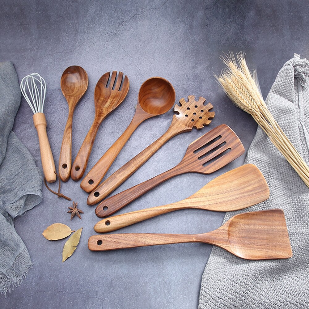 Naturliga träredskap redskap långa handtag träskedar non-stick kokkärl ekologisk teak praktiskt köksredskap