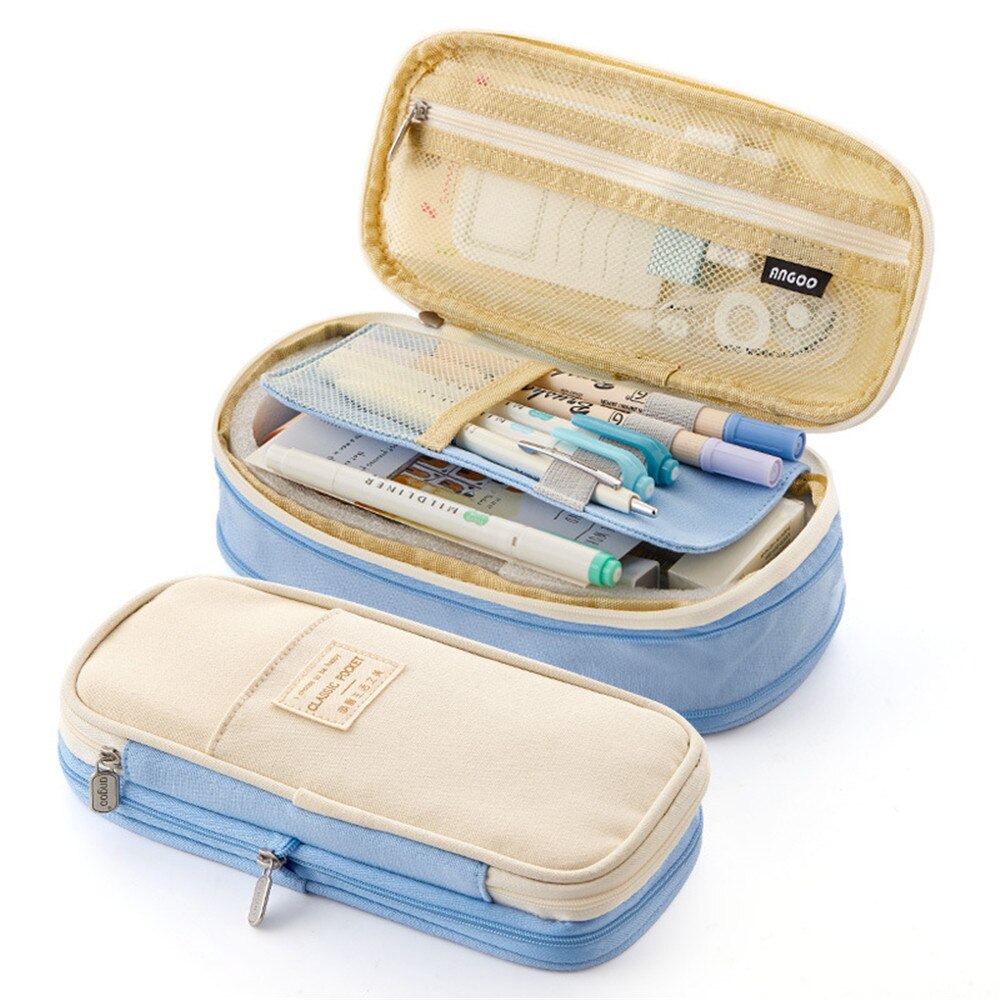 4 Kleur Grote Capaciteit Etui Canvas Stretch Dubbele Laag Cosmetische Bag Pen Box Pouch Case School Office Stationair: light blue