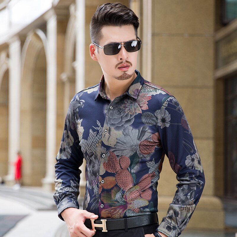 Autumn Plus Size Casual Floral Shirts Men Clothing Simple Regular Fit Long Sleeve Blouse Homme 7XL 6XL 5XL-M