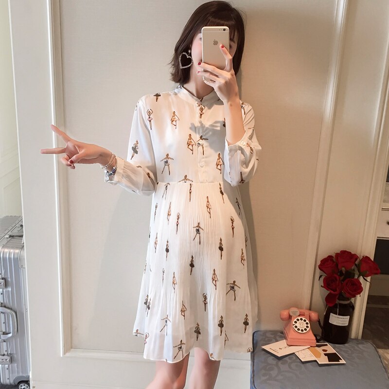 Robe de maternité plissée en mousseline de soie pour femmes enceintes, ample, imprimée, longues Blouses de grossesse, printemps et automne