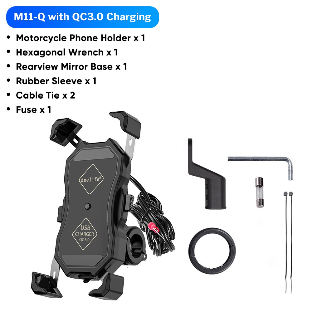Deelife Mobile Phone Holder Motorcycle Wireless Charging with QC 3.0 USB Qi Charger GPS Navigation Mount Bracket: With QC3.0 Charger