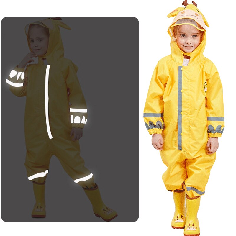 Chubasquero para niños de 3 a 10 años, Mono para niños y niñas con capucha, ropa de lluvia para bebés de dibujos animados de una pieza y pantalones reflectantes de seguridad