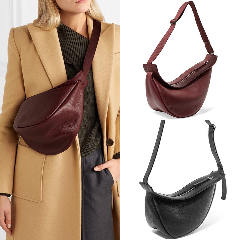 [Súper lobo marino]-Bolso de piel sintética de media luna para mujer, , Color vino, rojo, negro, ancho, Correa individual con cremallera, combina con todo, primavera