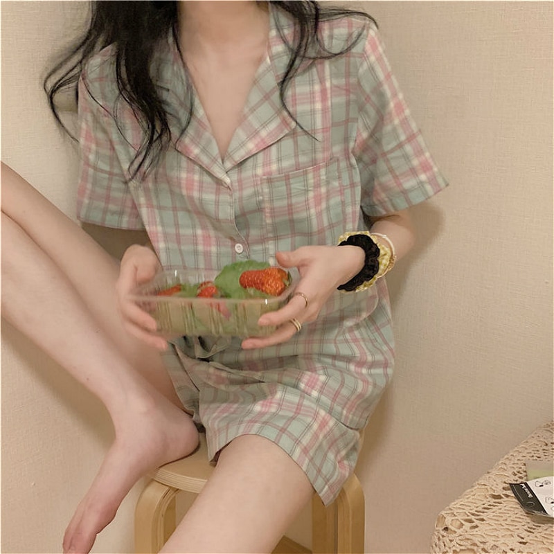 Pyjamassæt kvinder fransk stil plaid løst trendy sommer kortærmet dame todelt nattøj dejligt enkelt venner hjemmetøj