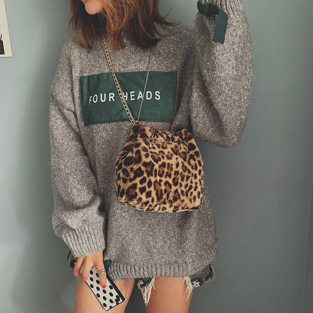 Leopard Print Crossbody Bag Women Plush Soft Casual Shoulder Messenger Bag Female Shopping Handbag Chain Bucket Bag