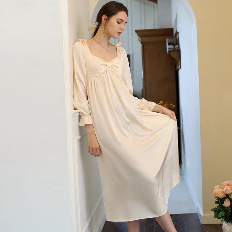 Lente Lange Stijl Vintage Nachthemden Vrouwen Volledige Mouwen Mid-Kalf Zijde Nacht Jurk Sexi V-hals Nachtkleding Meisjes Zoete Boog nightie