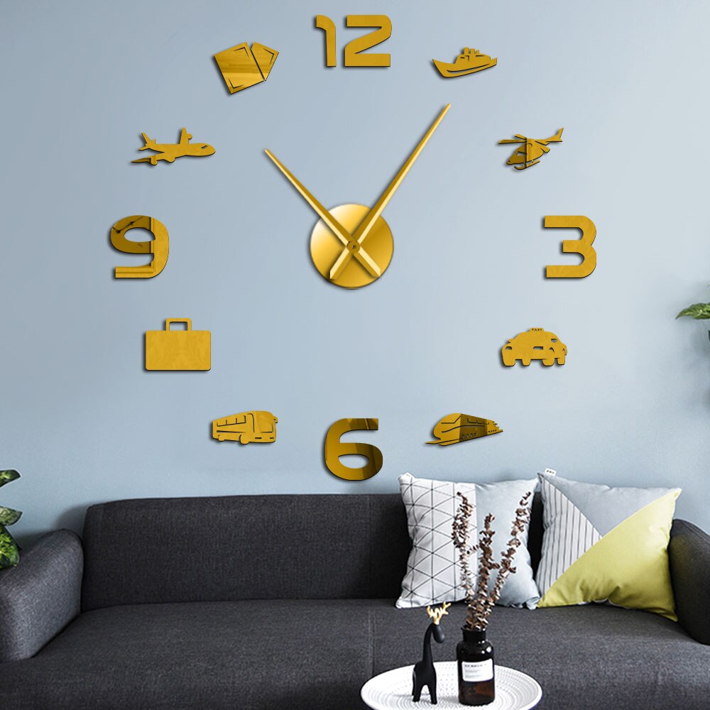 Travel Transport Vehicles DIY Wall Clock With Long Hands Mirror Effect Stickers Self Adhesive Clock Watch For Outing Home Decor