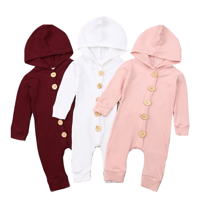 Neugeborene Baby Mädchen Jungen Langarm Gestrickte Baumwolle Mit Kapuze Strampler Herbst Feste Tasten Gesamt Kleidung Wein verrotten Rosa Weiß
