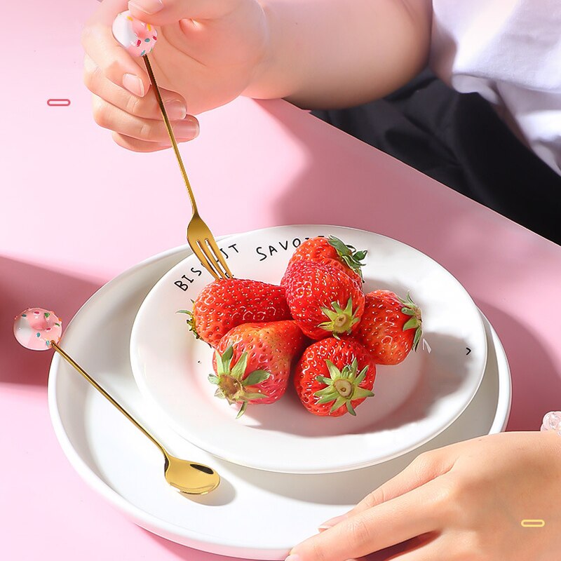 Donut Fork Spoon Stainless Steel Doughnut Dessert Fruit Forks Honey Coffee Stirring Spoon Baby Kid Cutlery Dinnerware Accessorie