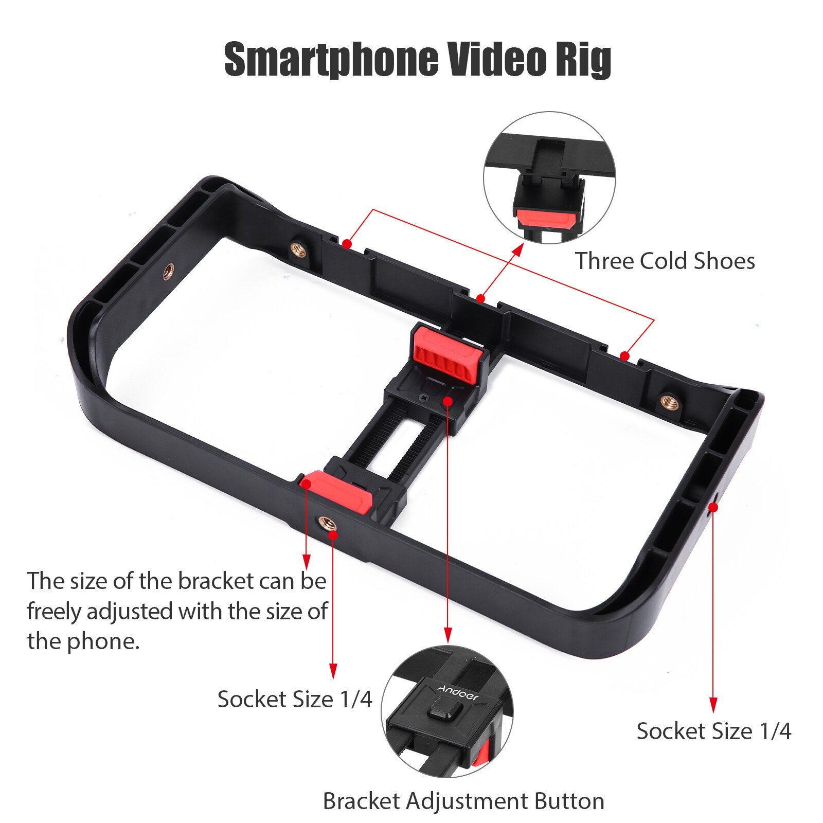 Andoer Kit Video Rig per Smartphone con gabbia per Smartphone con 3 supporti per scarpe fredde + Mini luci Video a LED + microfono con supporto antiurto