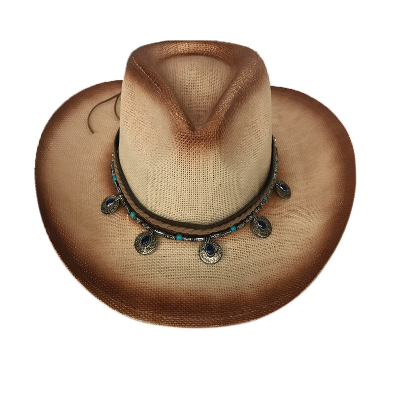 YY Beauty-Gorra de Metal con pajilla de pavo real para mujer, gorro de vaquero occidental transpirable, sombrero de Jazz para montar a caballo, gorra con visera ancha CM19023
