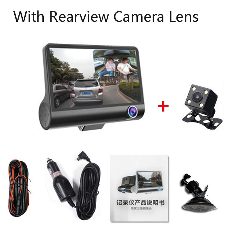 4.0 tommer fuld  hd 1080p bil dvr 3 kamera dual lens rearview video camera recorder auto registrator night vision dash cam: Tre linse / Intet hukommelseskort