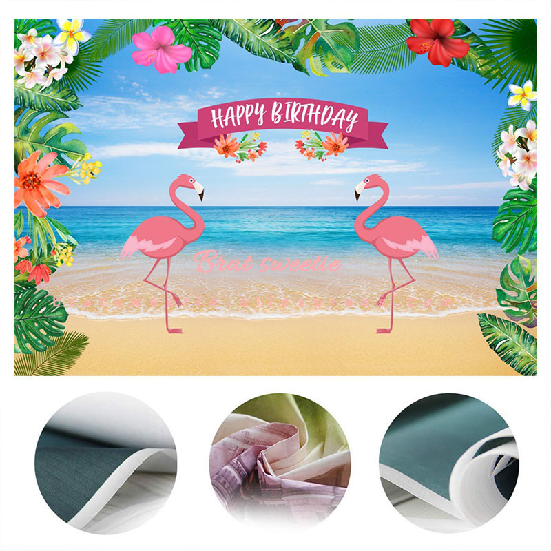 Telones de fondo de feliz cumpleaños de 7 x 5ft pulgadas con flamencos, decoraciones para fiesta hawaiana, vinilo, playa, fondo tropical, fondo fotográfico de pared aloha