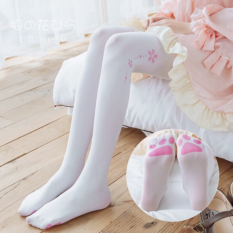 Cat Paw Print Long Socks Over The Knee Socks Lolita Stockings Anime Two-dimensional Cute Cat Footprints White Pantyhose Hosiery