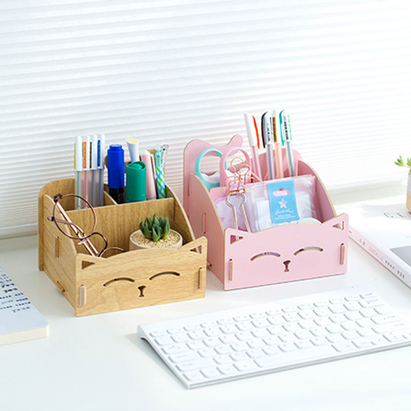 Wooden Kawaii Cute Pen Holder Office School Storage Case Stationery Organizer Office Supplies