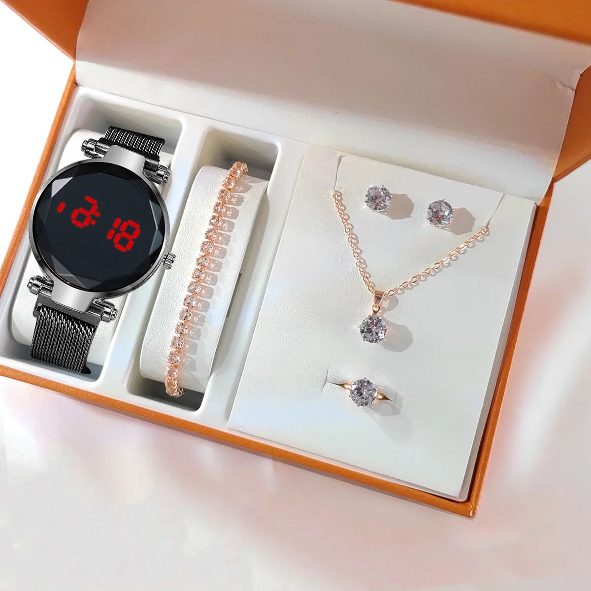 Reloj LED de lujo para mujer, pulsera magnética, collar, pendientes, anillo, reloj de vestir Digital de oro rosa, reloj de pulsera de cuarzo para mujer: Caqui