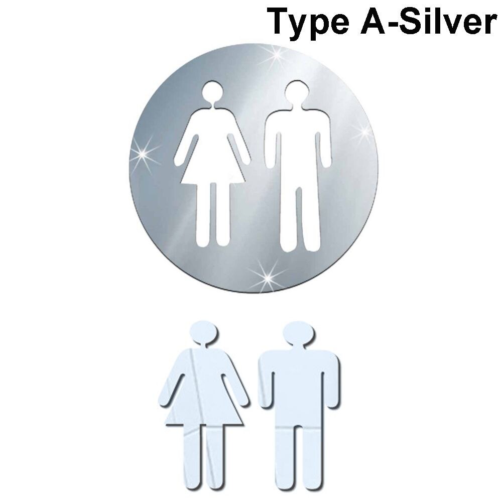 3D Muursticker Vrouw Man Spiegel Oppervlak Vinyl Decal Wc Entree Aanmelden Grappige Wc Decoratie Diy Verwijderbare Washroom Deur Poster: Silver-A
