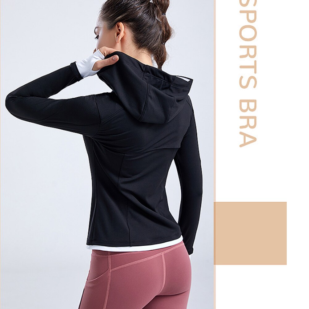 Chaqueta deportiva para mujer, con agujero en el pulgar, transpirable, para correr, de manga larga, para Yoga, adelgazante, con capucha, Top con cremallera