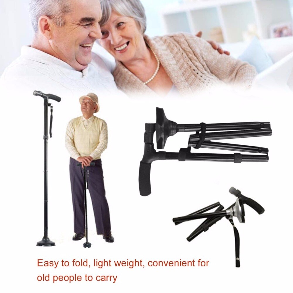 Magic Cane Folding LED Light Safety Walking Stick 4 Head Pivoting Trusty Base For Old Man T Handlebar Trekking Poles Cane Black